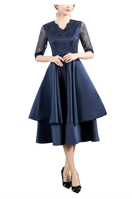 Satin Layered Lace Short Sleeve Wedding Guest Dress Tea Length - $68. ...