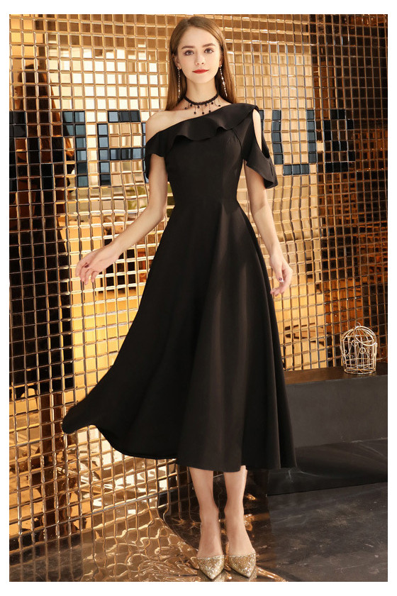 Retro Tea Length Black Semi Party Dress With Ruffles Shoulder