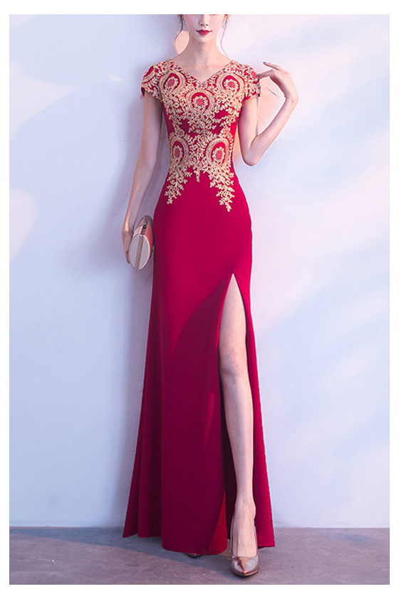 Sexy Split Front Long Formal Dress With Embroidery Cap Sleeves