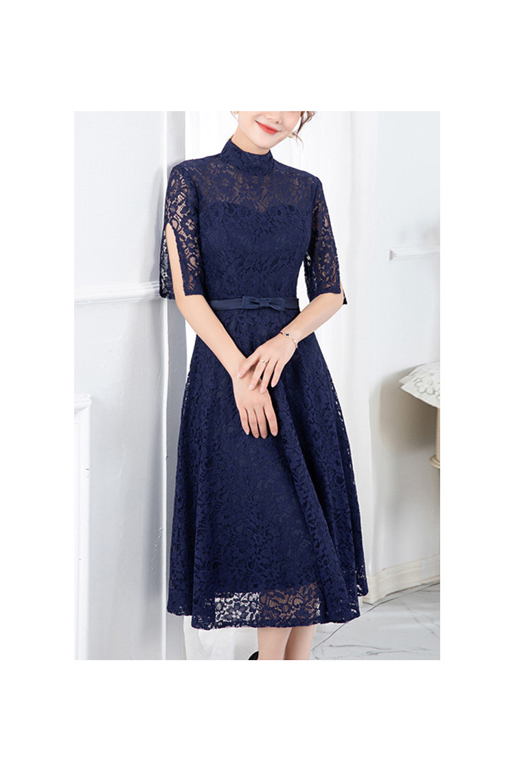 Elegant Lace Short Sleeve Midi Wedding Guest Dress With Turtle Neck - $64.4832 #S1543 - SheProm.com