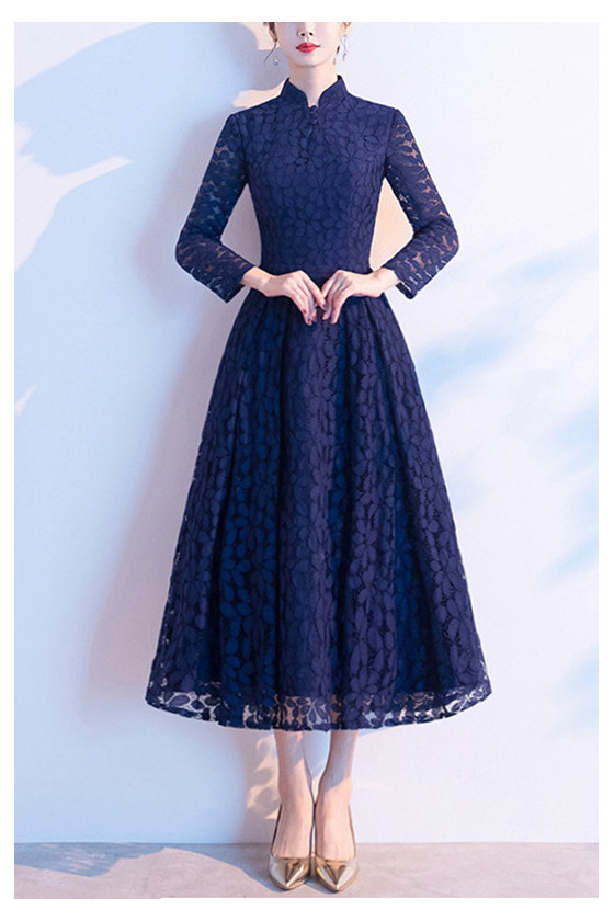 Blue Floral Lace Fall Tea Length Semi Formal Dress With Sleeves