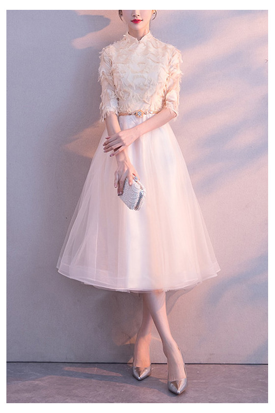 Champagne Tulle Tea Length Fall Wedding Guest Dress With Half Sleeves