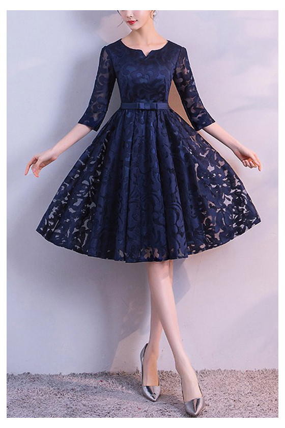 Navy Blue Lace Sleeve Homecoming Dress Knee Length