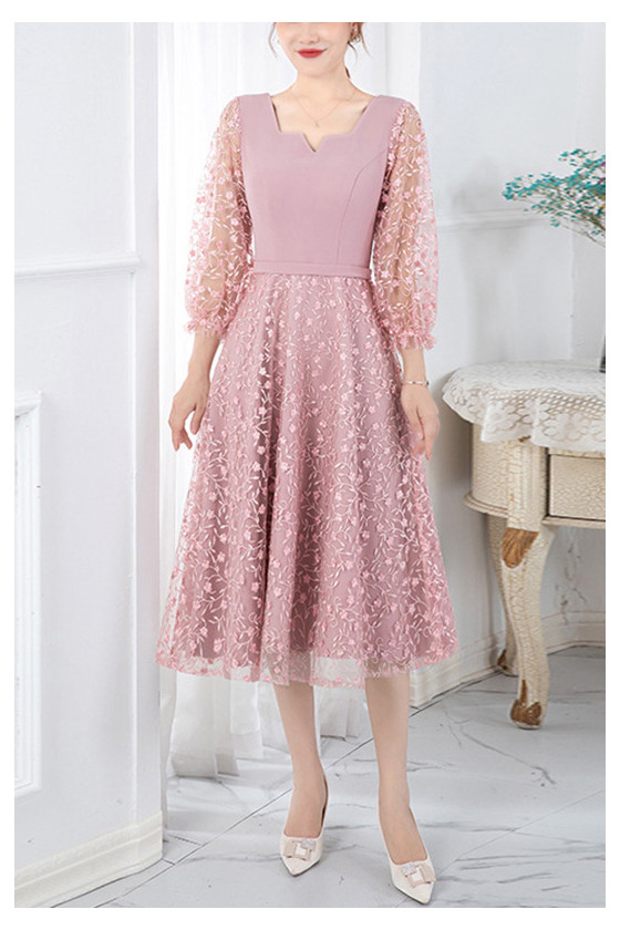 Pretty Pink Tea Length Homecoming Dress With 3/4 Lantern Sleeves