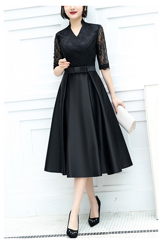 Modest Satin Tea Length Fall Wedding Guest Dress With Lace Sleeves