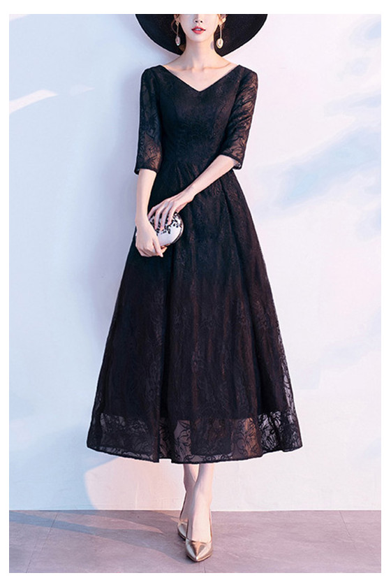 Retro Black Lace Tea Length Semi Formal Dress With Half Sleeves