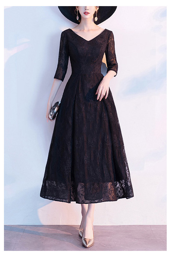 Retro Black Lace Tea Length Semi Formal Dress With Half Sleeves - $68. ...