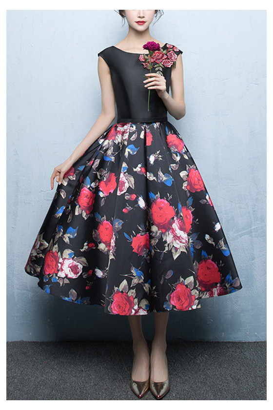 Black Tea Length Floral Printed Party Dress Sleeveless