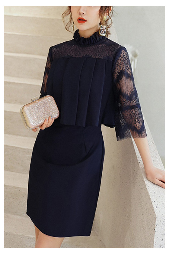 Navy Blue Summer Sheath Cocktail Party Dress With Lace Sleeves