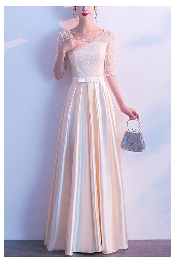 Elegant Satin Fall Formal Pleated Wedding Guest Dress With Sleeves