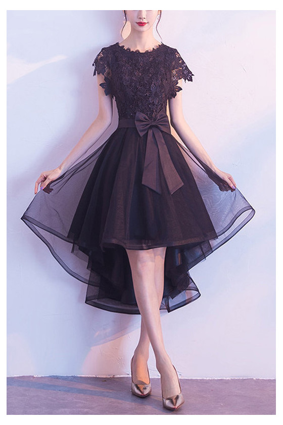 Cute High Low Puffy Black Homecoming Dress With Bow Knot