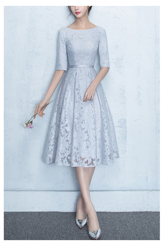Grey Lace Modest Homecoming Dress With Lace Half Sleeves