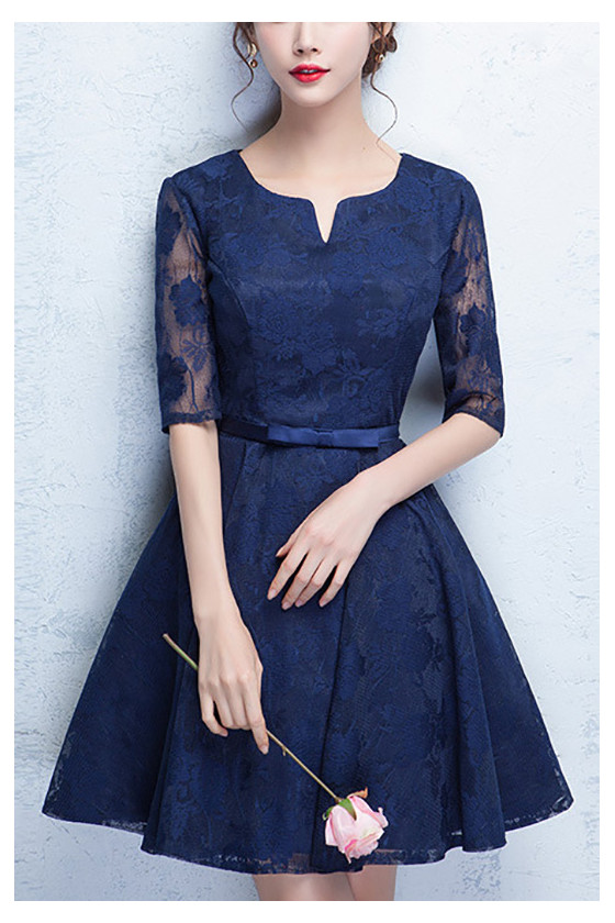 Blue Lace Short Homecoming Dress With Sash Sleeves