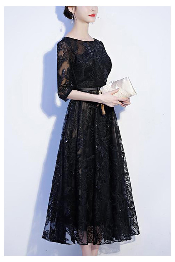 Sequined Lace Tea Length Black Dress With Sleeves 68.4792