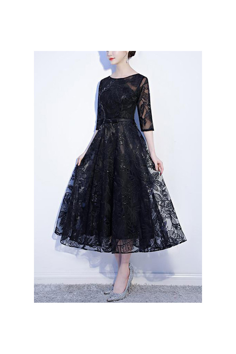 Sequined Lace Tea Length Black Homecoming Dress With Sleeves - $68.4792 ...