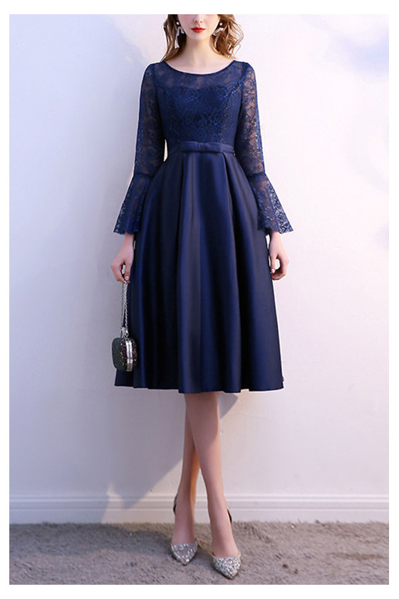 Lace Long Sleeve Blue Homecoming Dress For Semi Formal