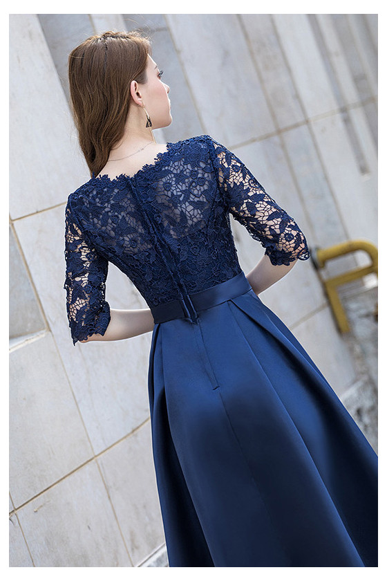 Navy Blue Lace And Satin Aline Homecoming Dress With Half Sleeves -  $62.4816 #S1566 - SheProm.com