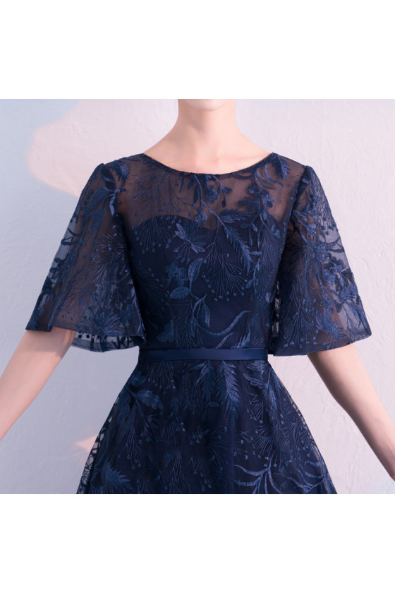 Elegant High Low Navy Blue Puffy Homecoming Dress With Sleeves - $70.4808  #S1517 - SheProm.com