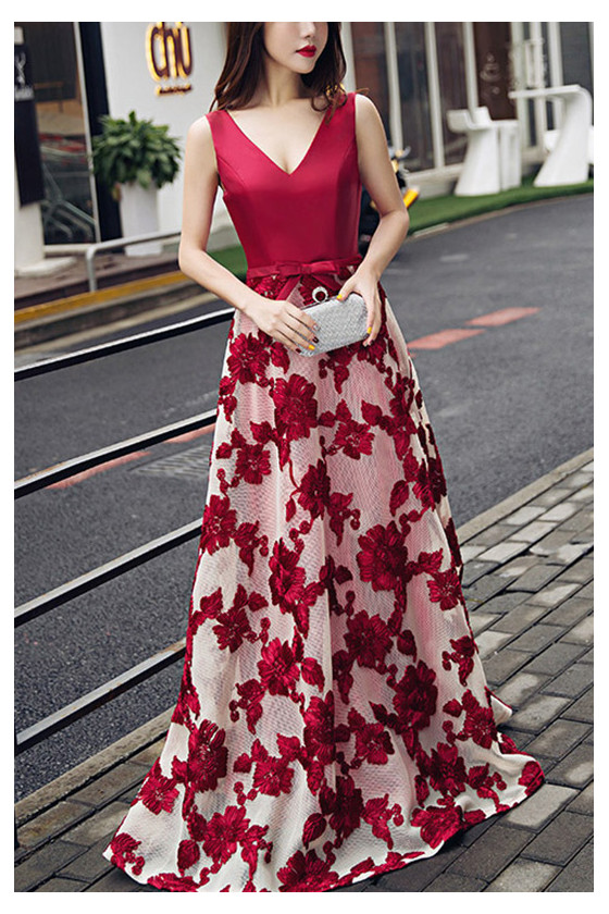 Formal Burgundy Flowers Vneck Long Prom Dress Sleeveless