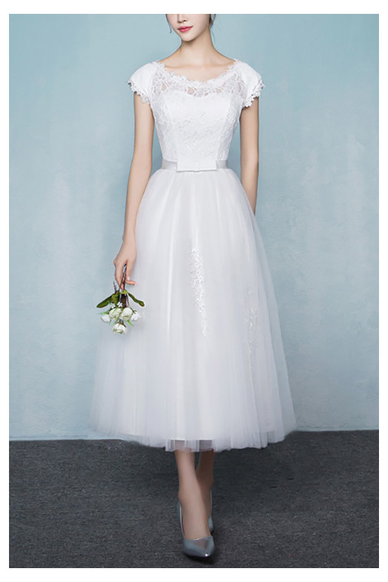 White Lace Midi Cheap Homecoming Dress With Lace Cap Sleeves - $65.4768 ...
