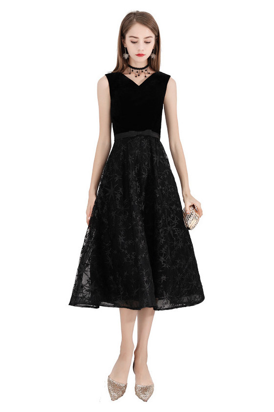 Black Stars Lace Tea Length Party Dress Vneck Sleeveless 624816 S1533 