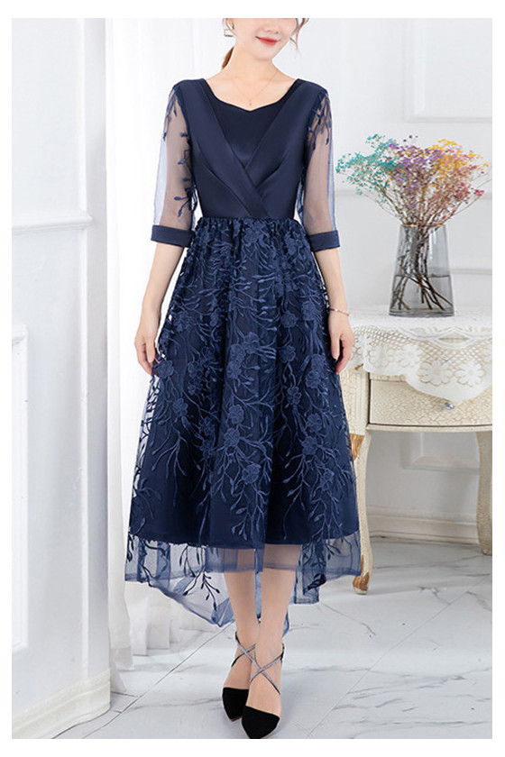 Elegant Tea Length Wedding Guest Dress Attire With Embroidery Sheer Sleeves