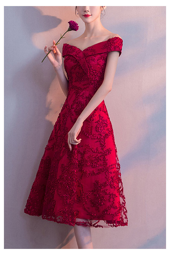 Elegant Off Shoulder Burgundy Homecoming Party Dress Tea Length