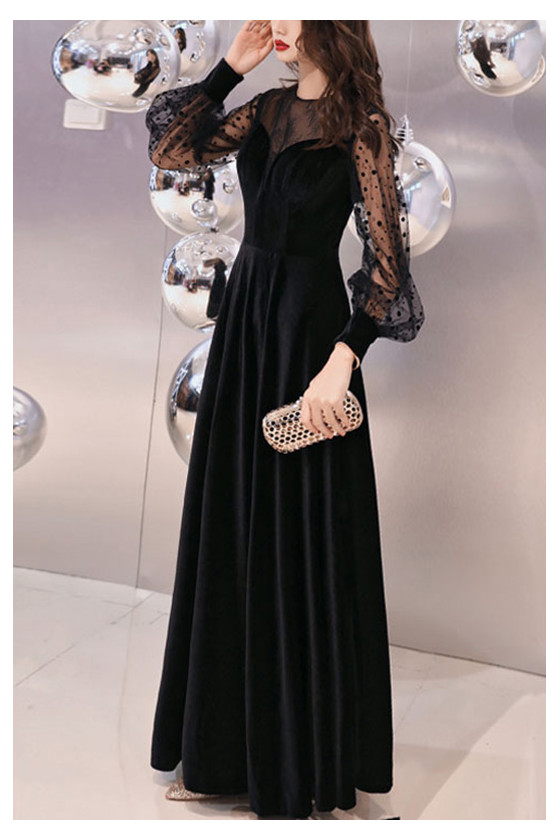 Elegant Long Black Velvet Formal Dress With Polka Dot Long Lantern Sleeves