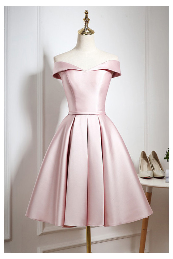 Popular Pink Satin Short Homecoming Dress Pleated With Off Shoulder