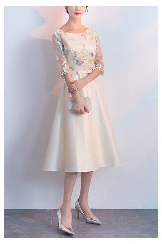 Champagne Fall Midi Wedding Guest Dress With Embroidery Half Sleeves 654768 S1570 