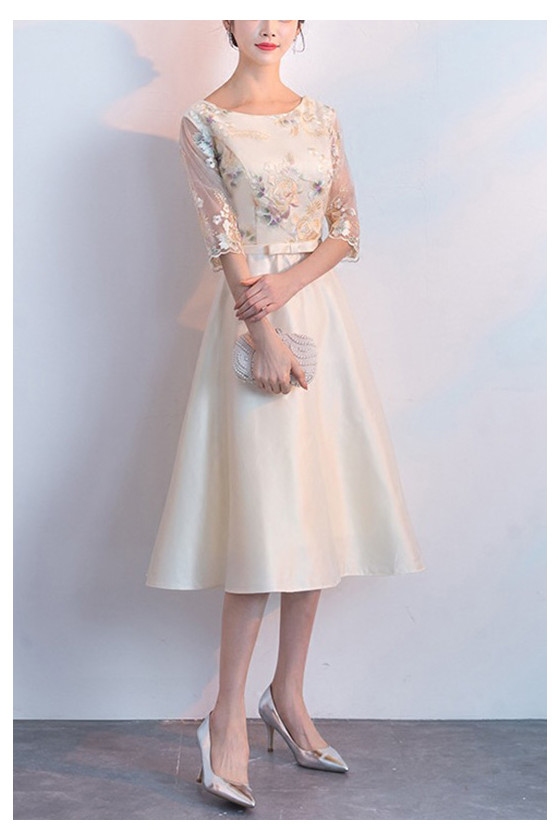 Champagne Fall Midi Wedding Guest Dress With Embroidery Half Sleeves 65 4768 S1570 SheProm