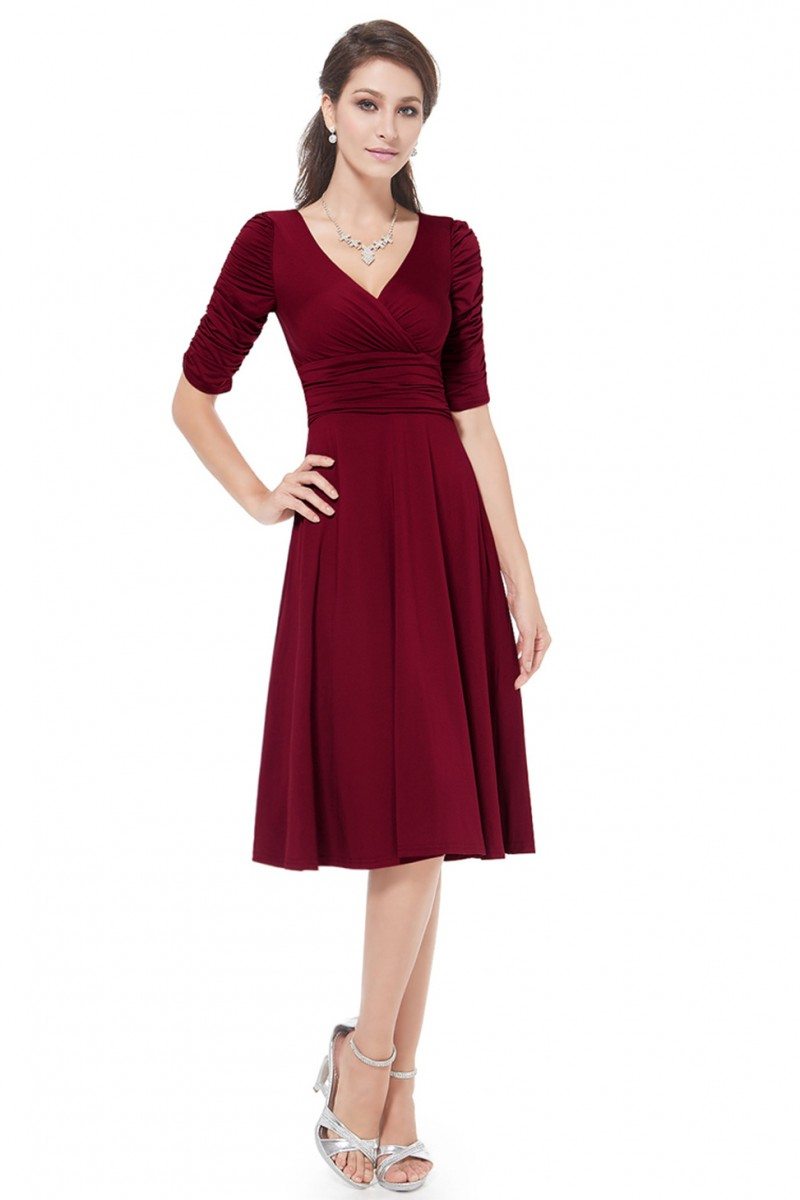 Burgundy V-neck 3/4 Sleeve High Stretch Short Casual Dress - $34 # ...