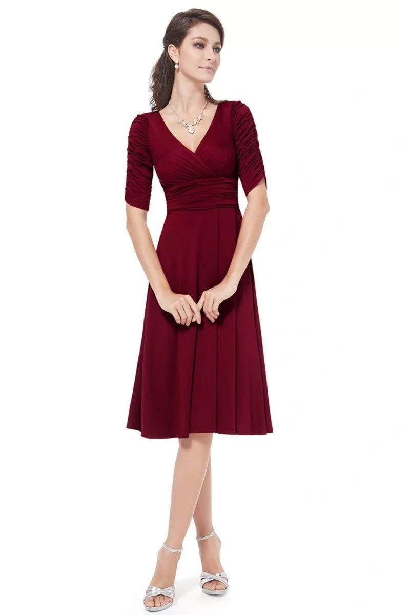 Burgundy V-neck 3/4 Sleeve High Stretch Short Casual Dress - $31.96 # ...
