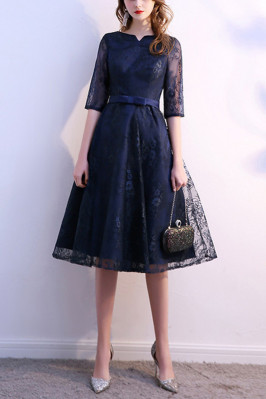 Navy Blue Lace Knee Length...