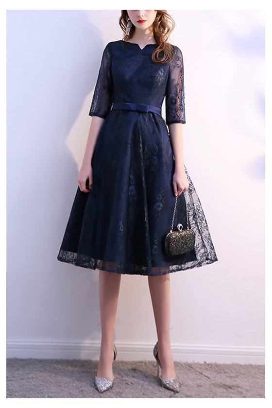 Navy Blue Lace Knee Length Wedding Party Dress With Half Sleeves - $59. ...