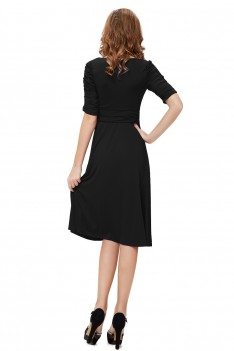 Black V-neck 3/4 Sleeve High Stretch Short Casual Dress - AS03632BK