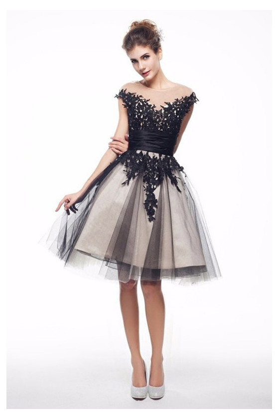 Black Tulle Lace Homecoming Dance Dress With Appliques Cap Sleeves ...