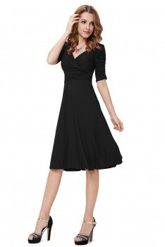 Black V-neck 3/4 Sleeve High Stretch Short Casual Dress - AS03632BK
