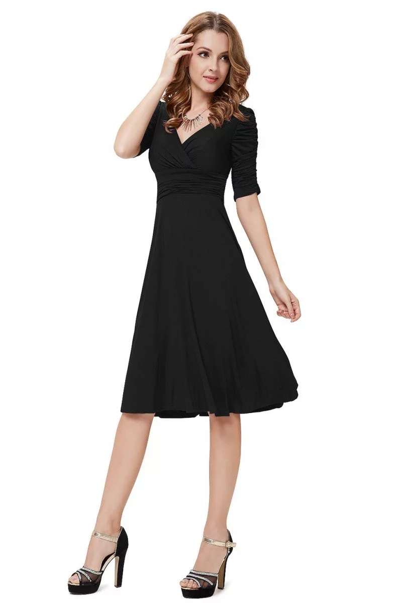 Black V-neck 3/4 Sleeve High Stretch Short Casual Dress - $34 #