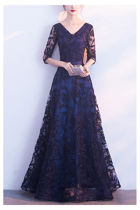 Vneck Lace Navy Blue Long Formal Dress With Sheer Sleeves