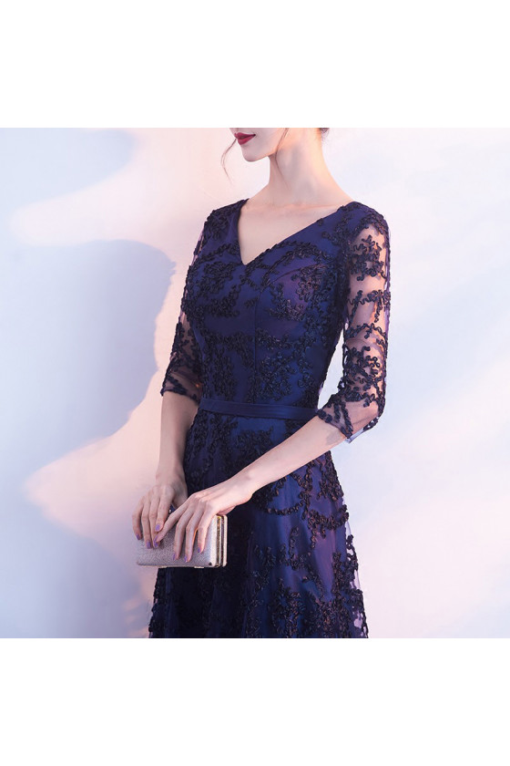 chinese dress ladies Long Prom Dress Navy Blue Half Sleeve Lace Applique Formal Evening Dresses 2018 APD3261 main image 0