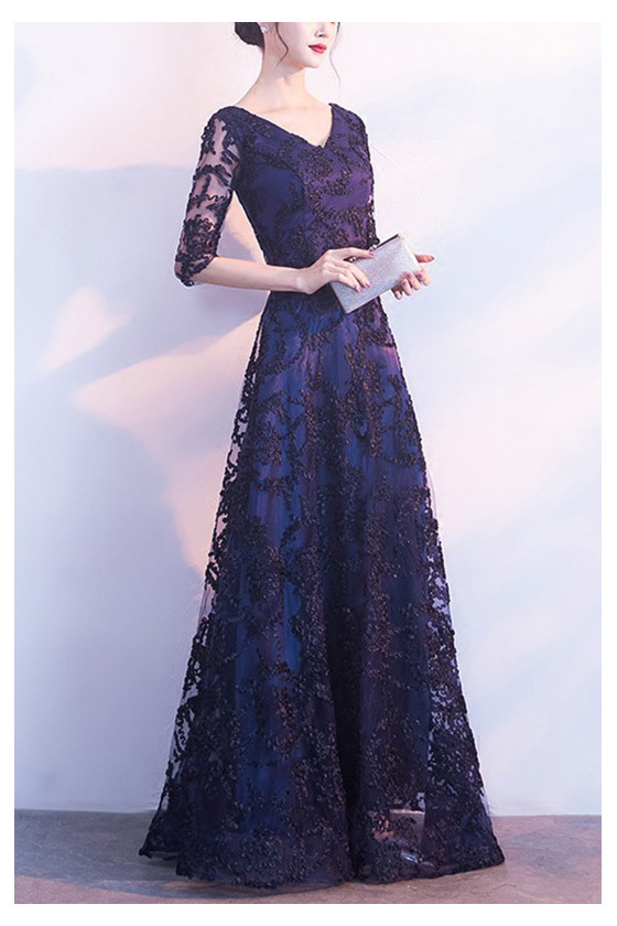 navy lace formal dress Dark Blue A-Line Tulle Lace Long Prom Dress, Blue Lace Formal Dress –  dresstby main image 1