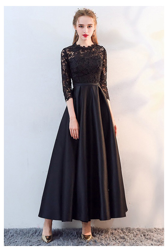 Elegant Maxi Long Black Party Dress With Lace 3/4 Sleeves