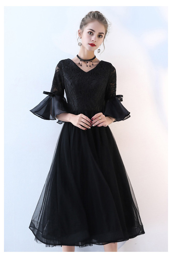 Black Retro Midi Homecoming Dress Vneck With Flare Sleeves - $67.4784 # ...
