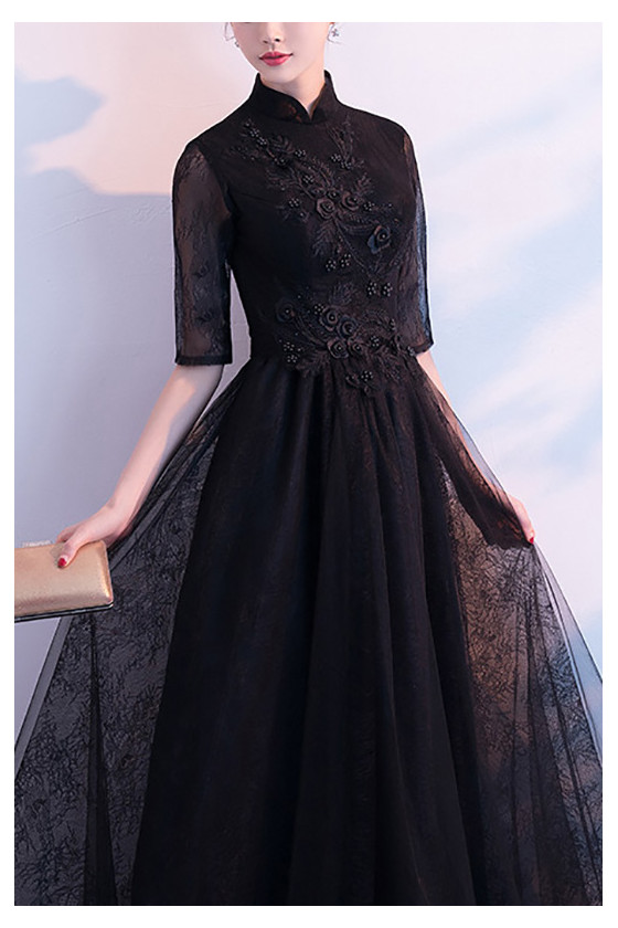 Special Long Black Formal Tulle Evening Dress With Sheer Sleeves - $93.4776  #S1577 - SheProm.com