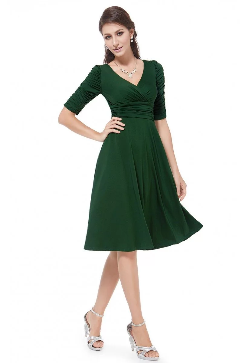 Dark Green V-neck 3/4 Sleeve High Stretch Short Casual Dress - $31.96 # ...