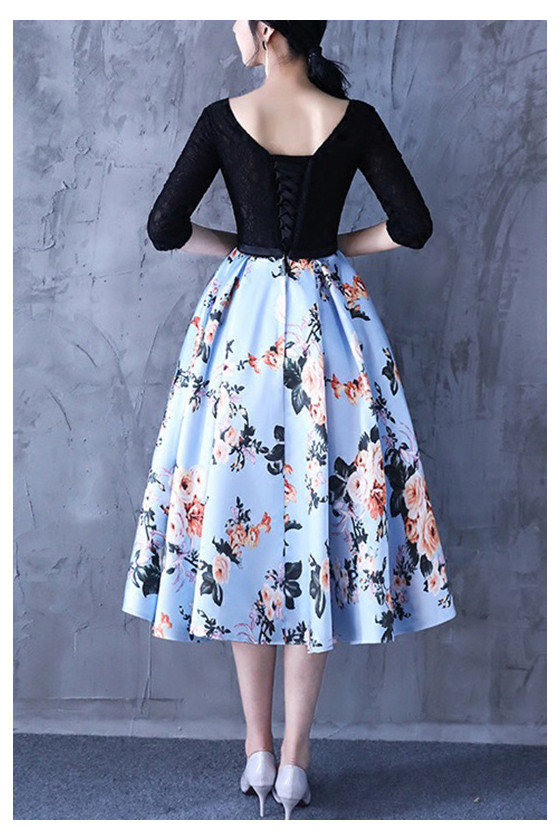 Pleated Floral Prints Tea Length Wedding Guest Dress With Sleeves - $71 ...