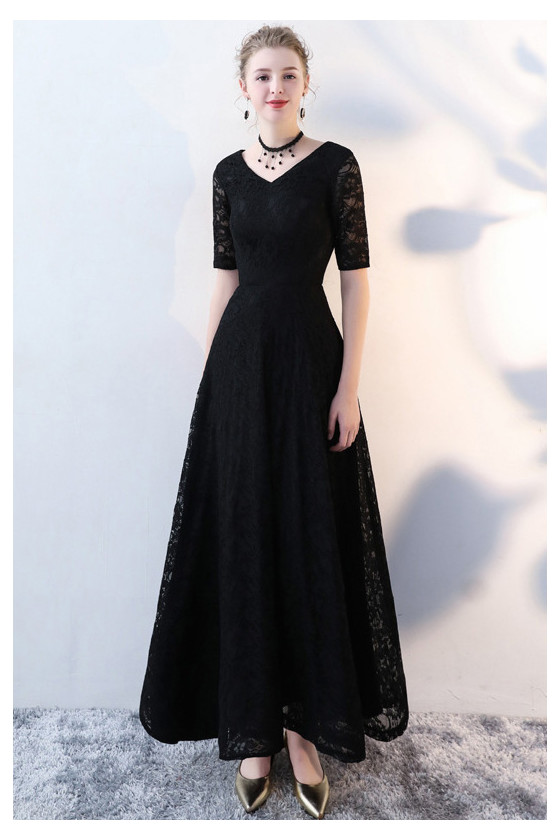 Black Lace Long Formal Dress Vneck With Lace Short Sleeves