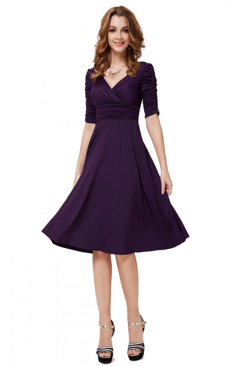 Purple V-neck 3/4 Sleeve High Stretch Short Casual Dress - $31.96 # ...