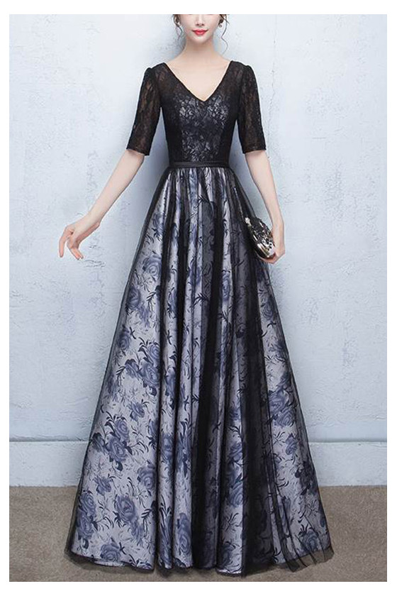 Long Black Unique Floral Prints Evening Party Dress With Lace Sleeves